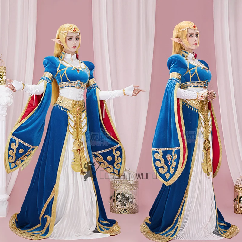 

Костюмы для косплея Zelda, женский парик принцессы, великолепное синее бархатное платье, брюки, униформа, аниме, комплект для вечеринки на Хэллоуин