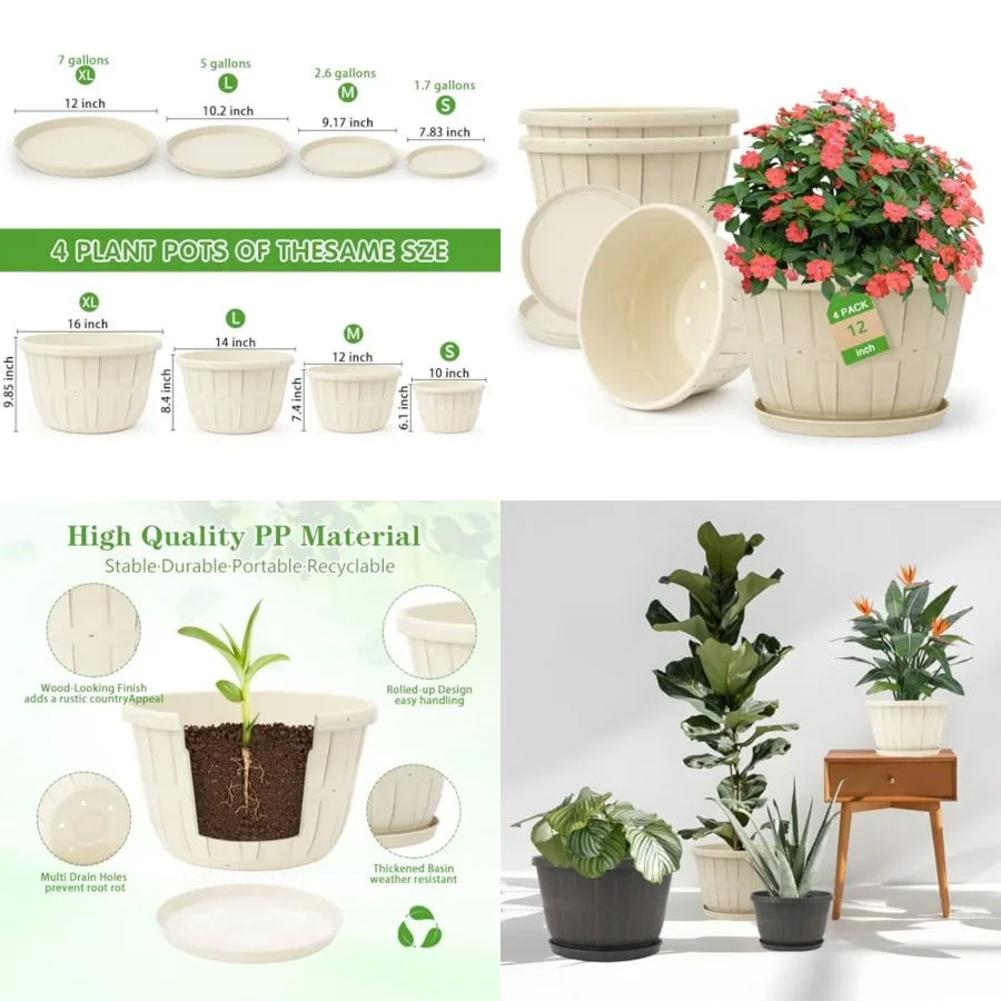 

12 Inch Large Planter Pot for Plants Indoor Outdoor, 4 Pack Plastic Flower Pots with Drainage Hole and Tray, Modern Decorative