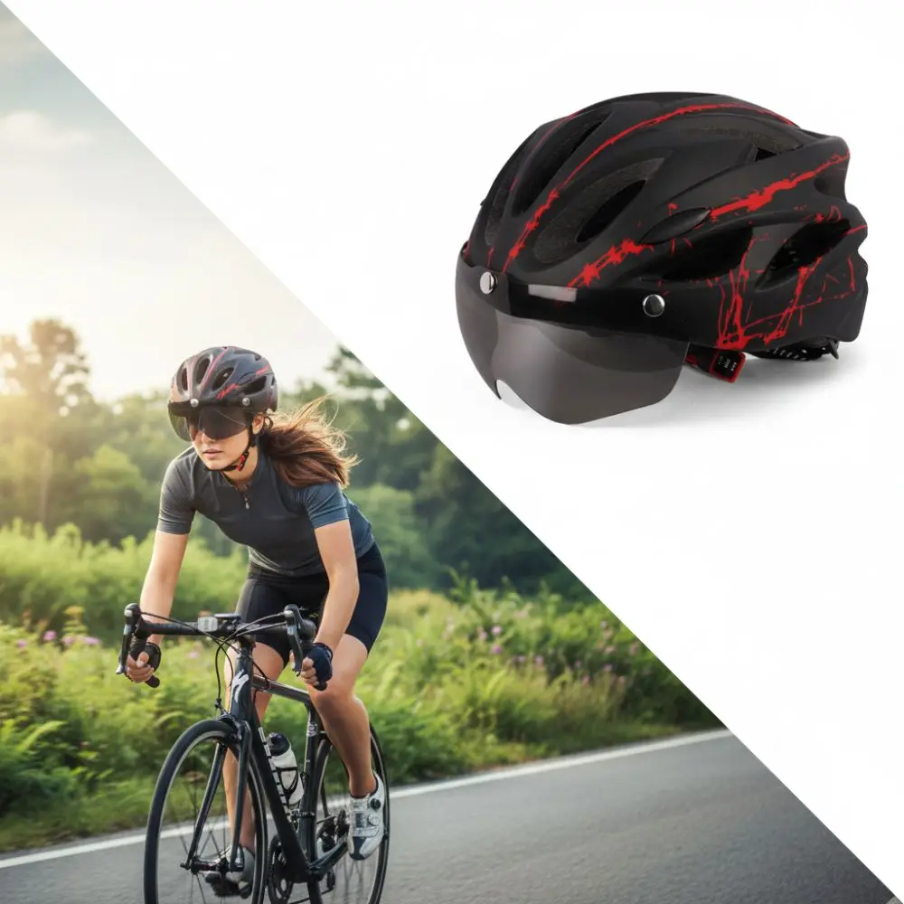 EPS + PC Cycling Helmet Breathable Lightweight Bike Helmet Adjustable with Detachable Magnetic Goggles Mountain Bike Helmet