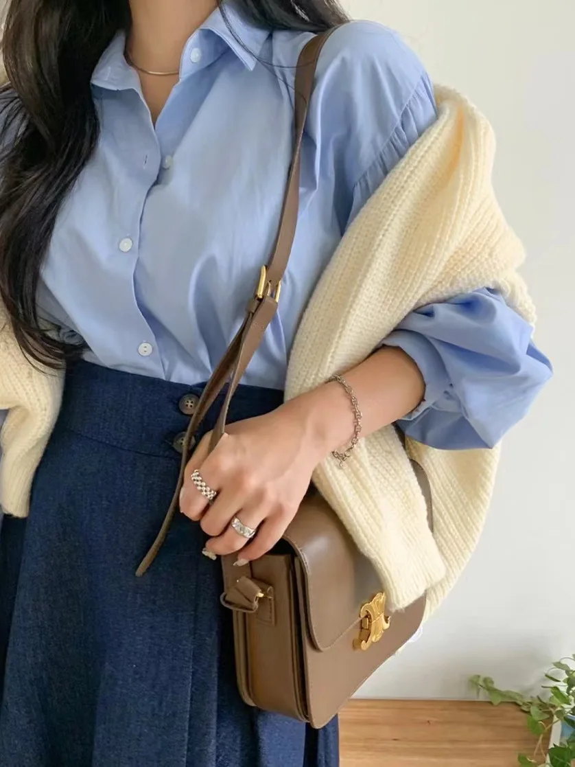 Csa foada e versátil com manga lanterna, saia jeans de aodão irregular de cintura alta para mulheres, top e com...