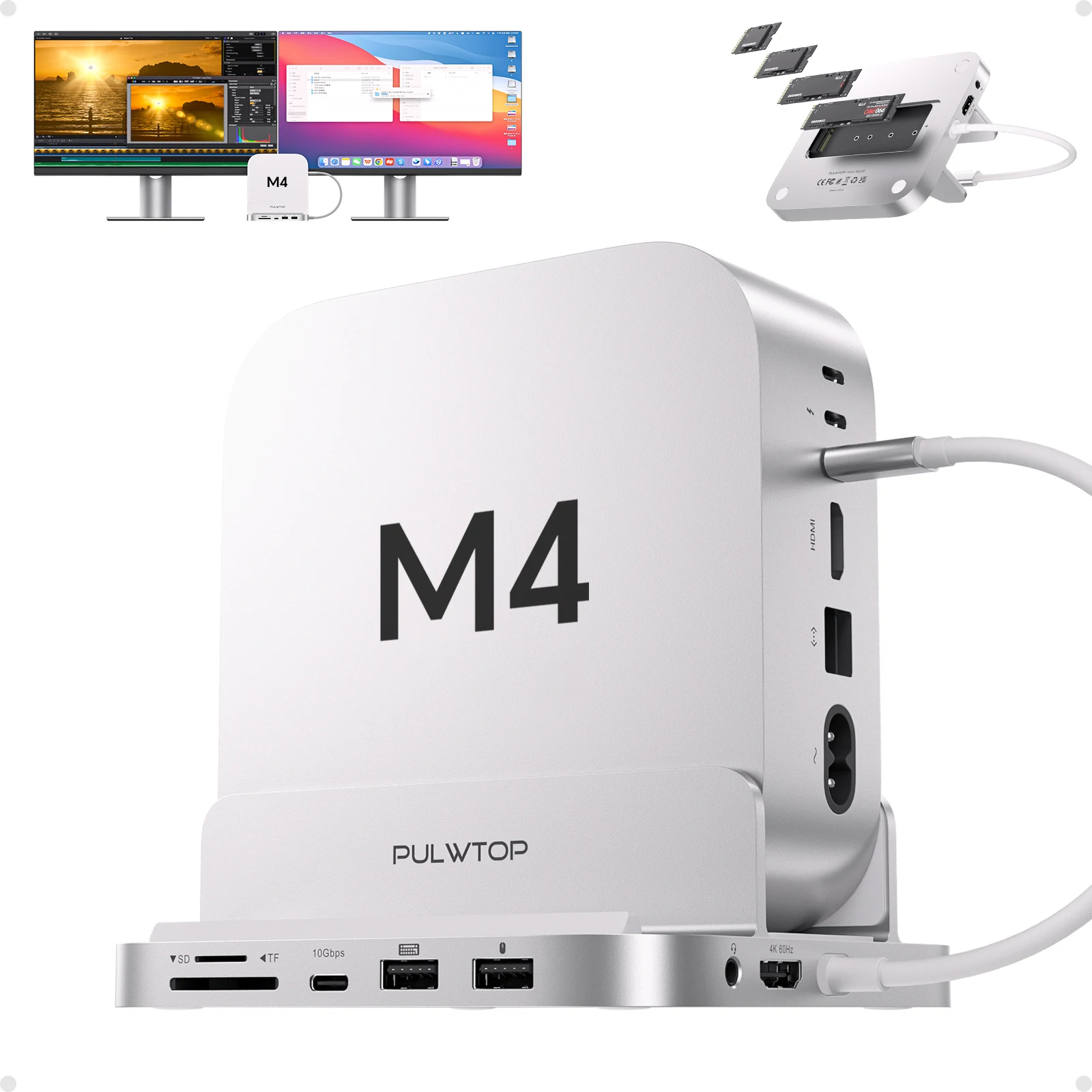 PULWTOP Mac mini M4 Dock with 4TB M.2 SSD Enclosure, with HDMI 4K, USB-A/C 10Gbps, USB-A 2.0, Audio, SD/TF(SSD NOT Included)