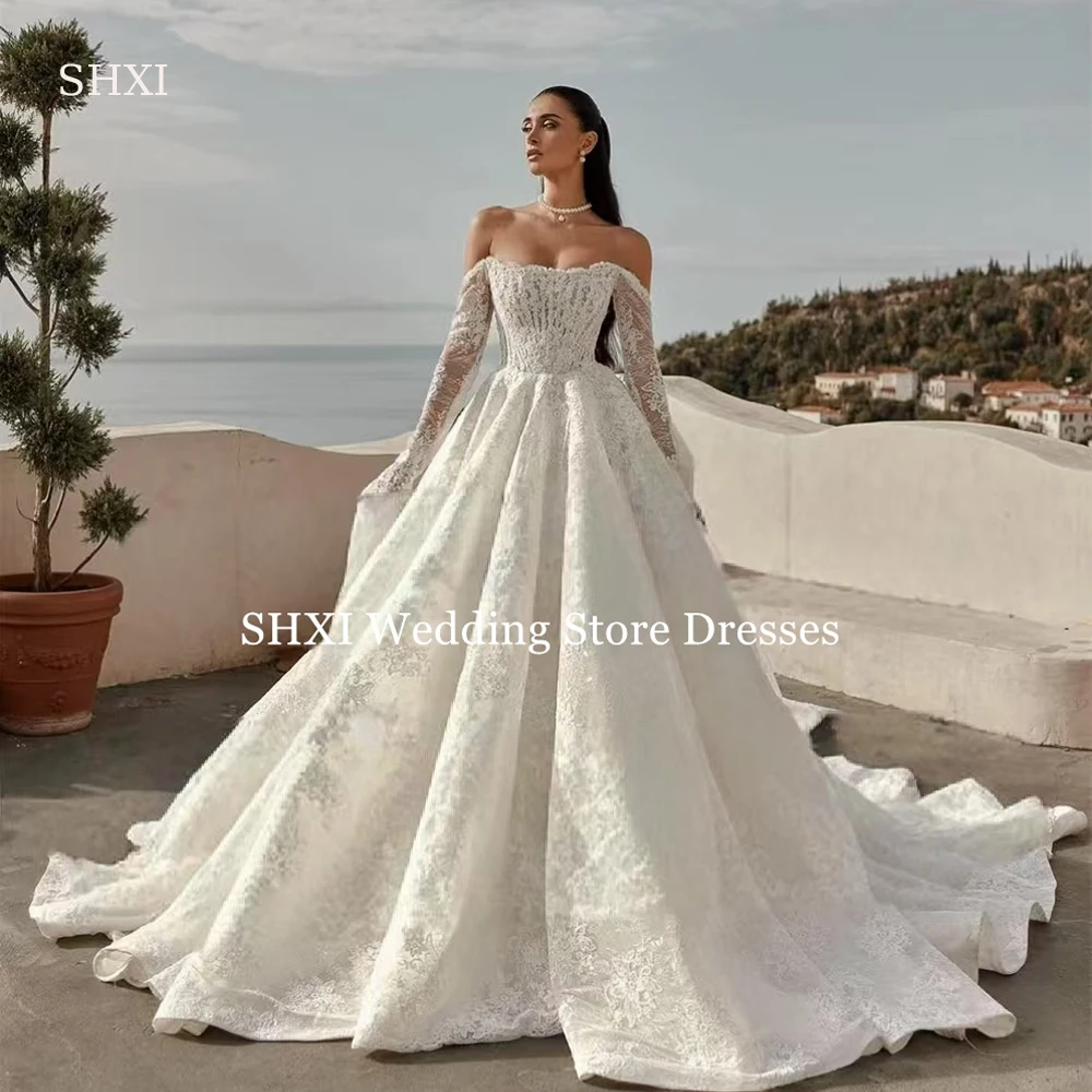 

SHXI Luxury Sweetheart Lace Wedding Dresses Off Shoulder Long Sleeves Bride Dress vestidos de novia Aline Bridal Gow Customizend