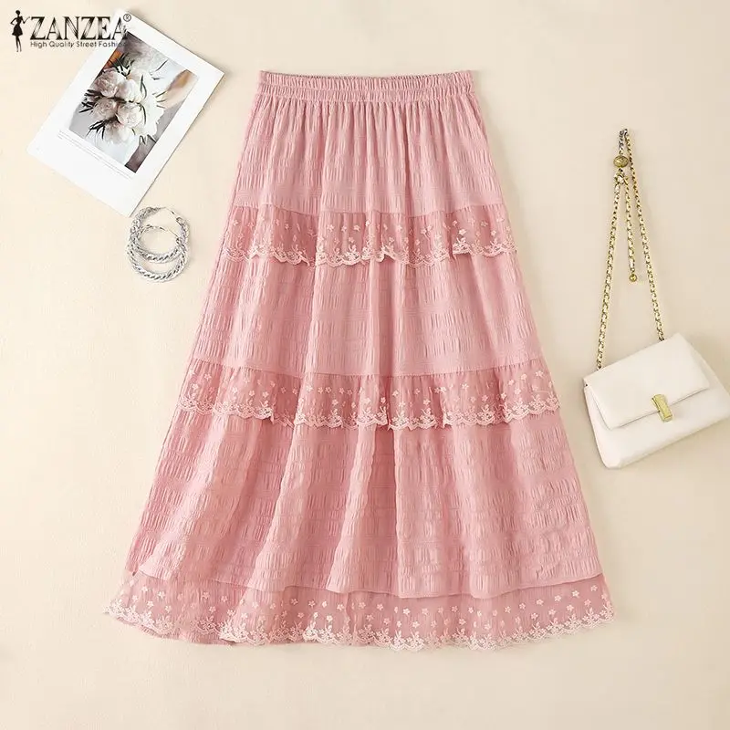 Women Casual Elastic Waist Skirt 2026 ZANZEA Summer Lace Patchwork Overskirts Casual Holiday Jupe Elegant A-line OL Work Faldas