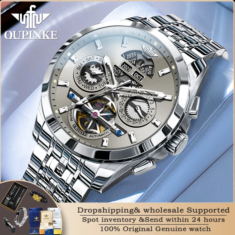 

OUPINKE 3251 Automatic Mechanical Watch Original Luxury Brand Skeleton Multi functional Waterproof Sapphire Mirror Men's Watch