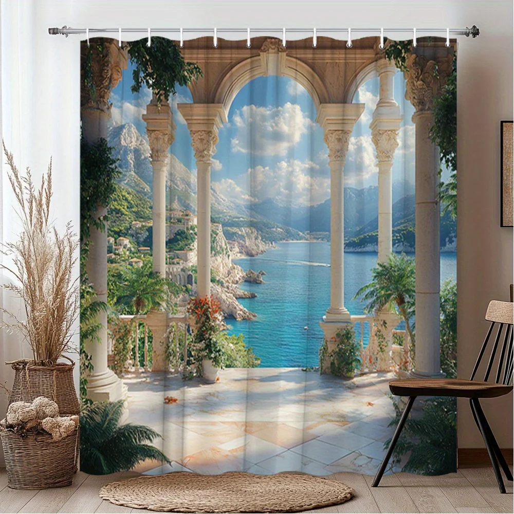 1pc Mediterranean Columns Coastal View Shower Curtain - Modern Bathroom Decor with Marble Floor & Ornate Tile Design, Seaside Se