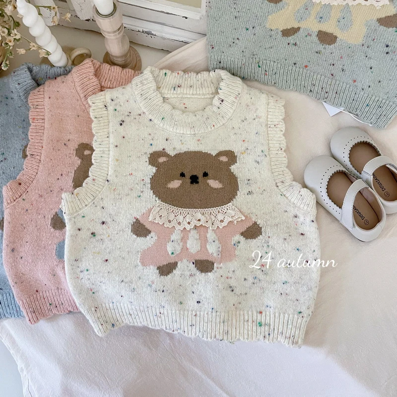 MILANCEL 2-6Y Autumn New Girls Clothes Kids Knitwear Vest Childrens Knit Pullover Cute Cartoon Bear Waistcost