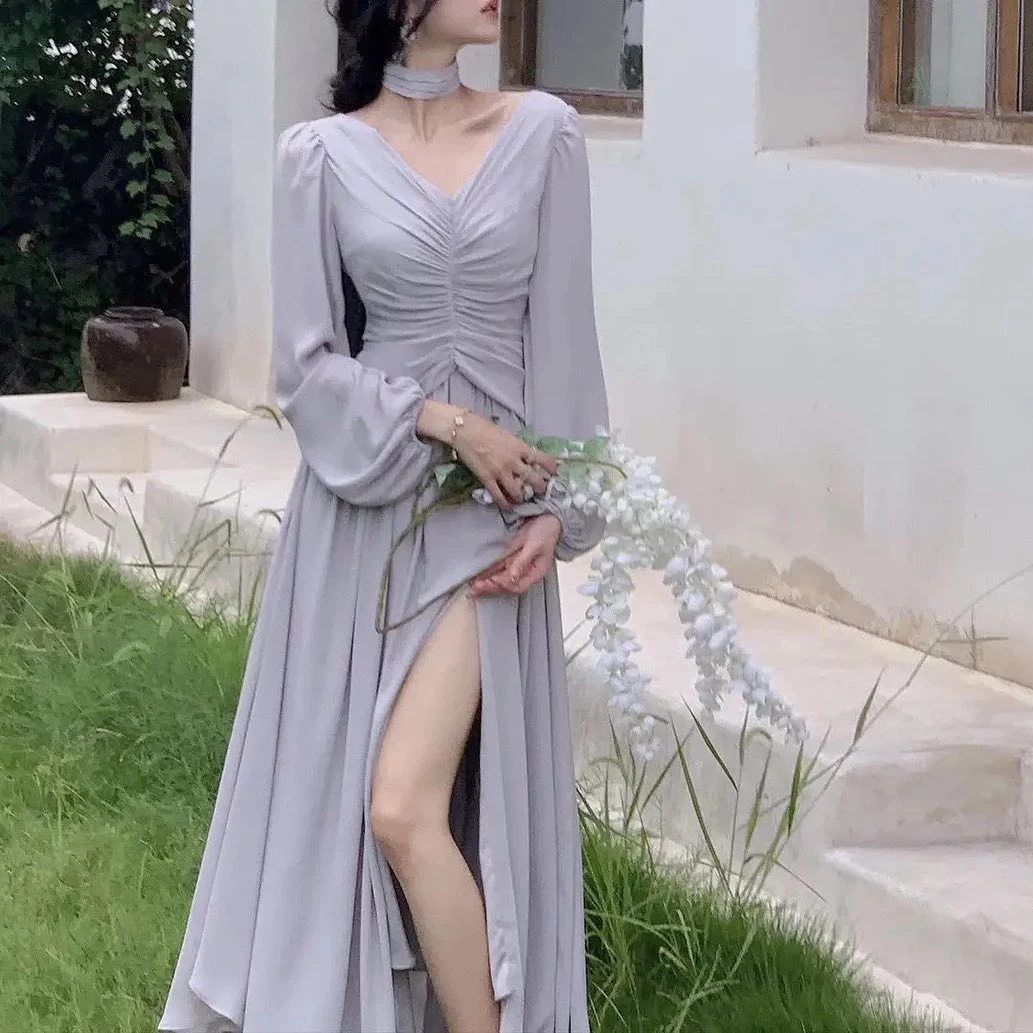 OEING V-Neck Korea Garden Evening Dresses Pleat Long Sleeves Formal 프롬드레스 Floor Length Elegant Prom Grown Party Women Bride