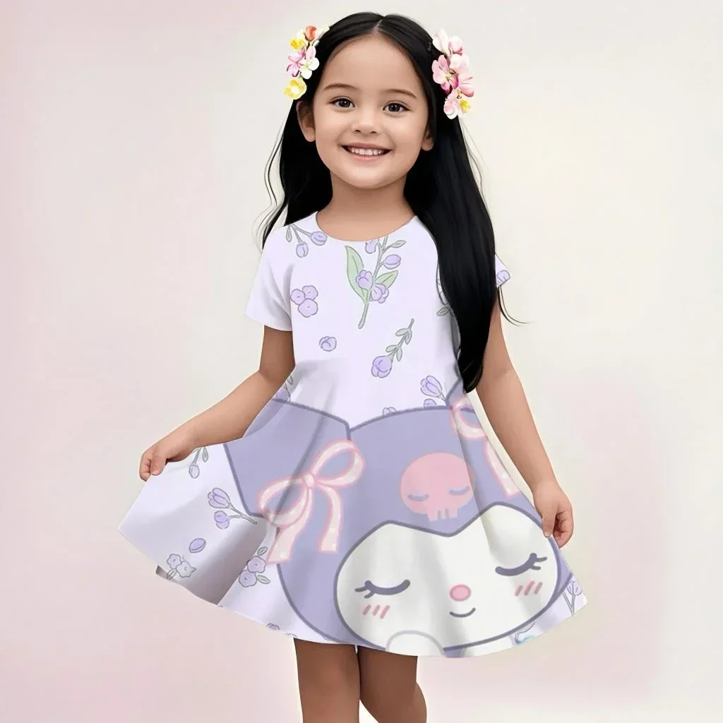 

Kuromi Summer Girls Skirt Short Sleeved Dress 3d Printed Cartoon Cute Children's Fashion Mnso Breathable Clothing Party Trend