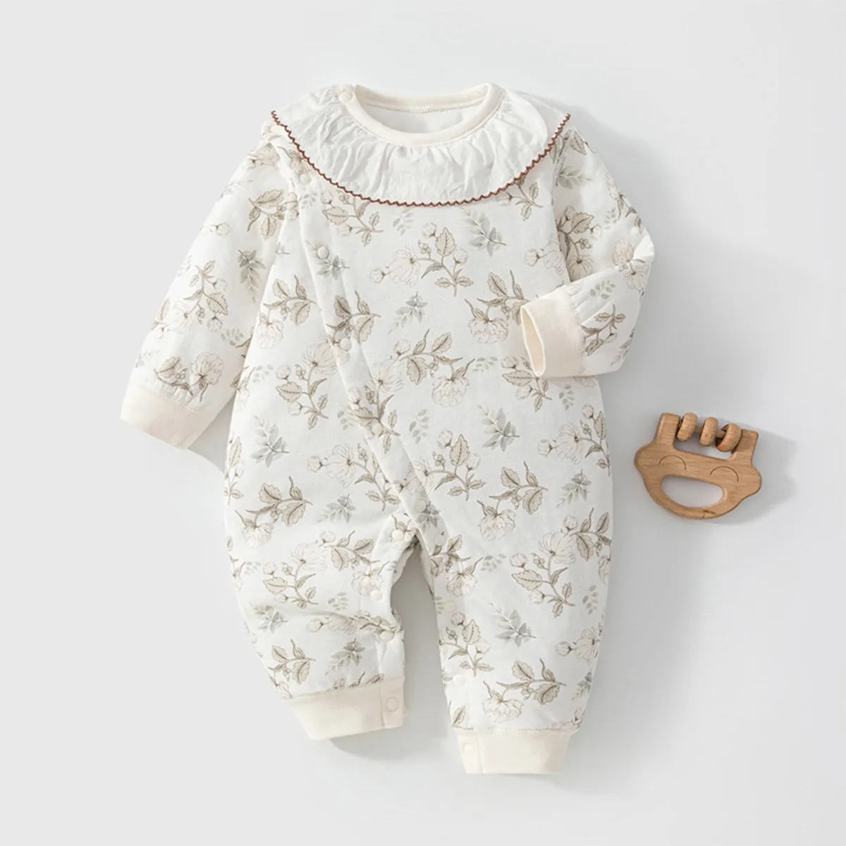 Peter Pan Collar Baby Romper Floral Print Long Sleeve Onesie Lightly Padded Cotton Jumpsuit Fall Winter Infant Clothes 0-18M