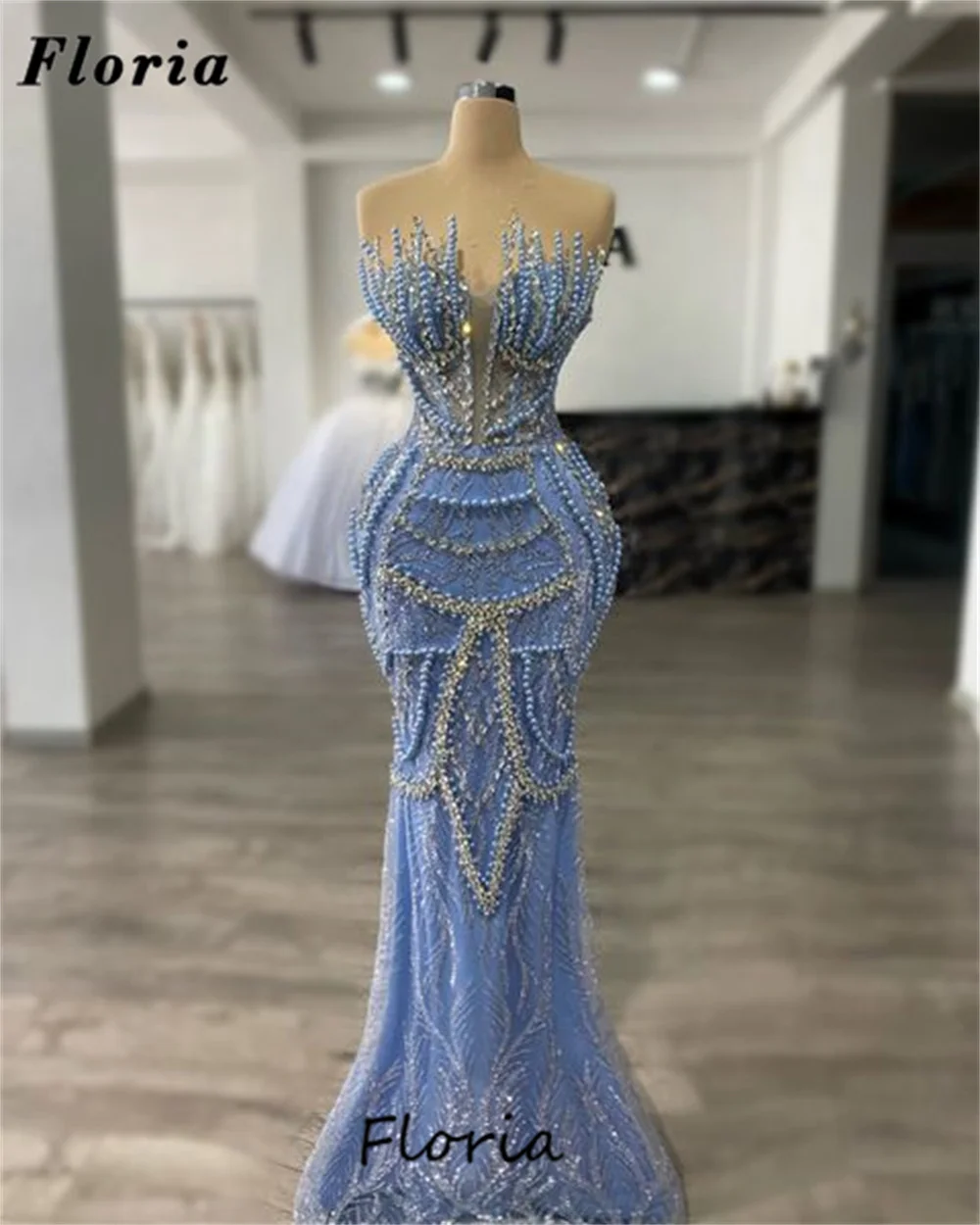 

Выполненные на заказ синие жемчужные платья знаменитостей Vestidos De Festa 2025 Элегантное вечернее платье в Дубае с бисером Русалка Свадебные платья