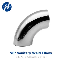 90° Sanitary Weld Elbow SUS304/316 Stainless Steel Food Grade Mirror Polished Pipe Fitting 19-102mm for Dairy Brewery Beverages