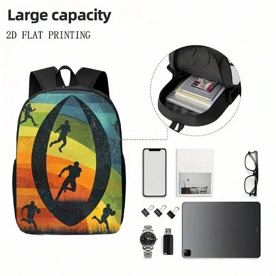

Rugby Themed Backpack With Vintage Print Lightweight Durable College Bookbag For Adults