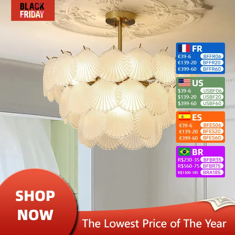 

Modern Crystal Pendant Chandelier Round Seashells Led Lights Living Dining Table Modest Ceiling Lamps for Room Home-appliance