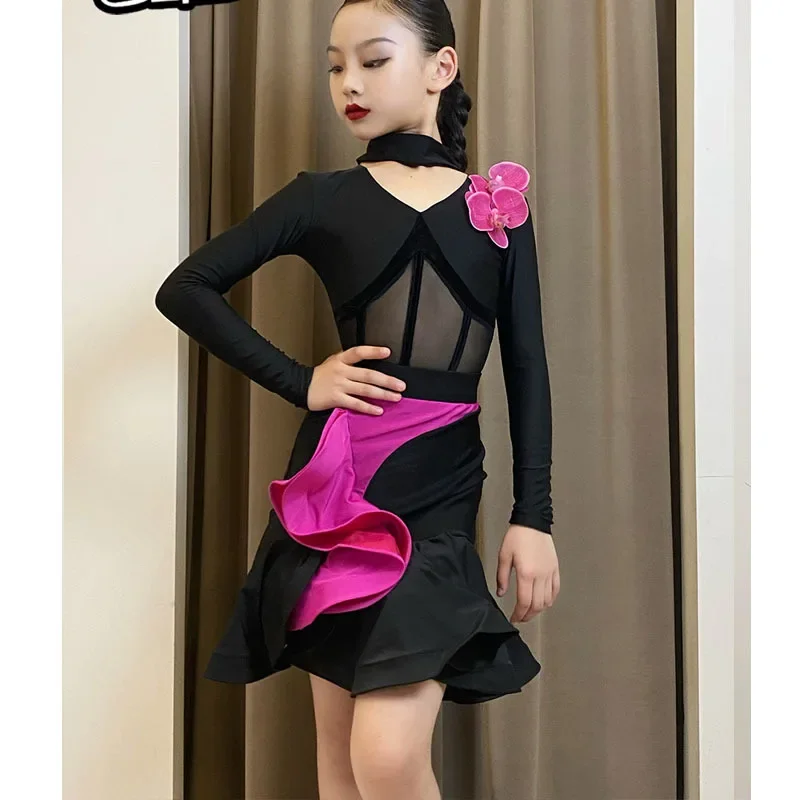 Vestido de malla de manga larga con flores latinas de salón para niña, traje de baile americano rumba cha samba tango, ropa de práctica de competición para chico