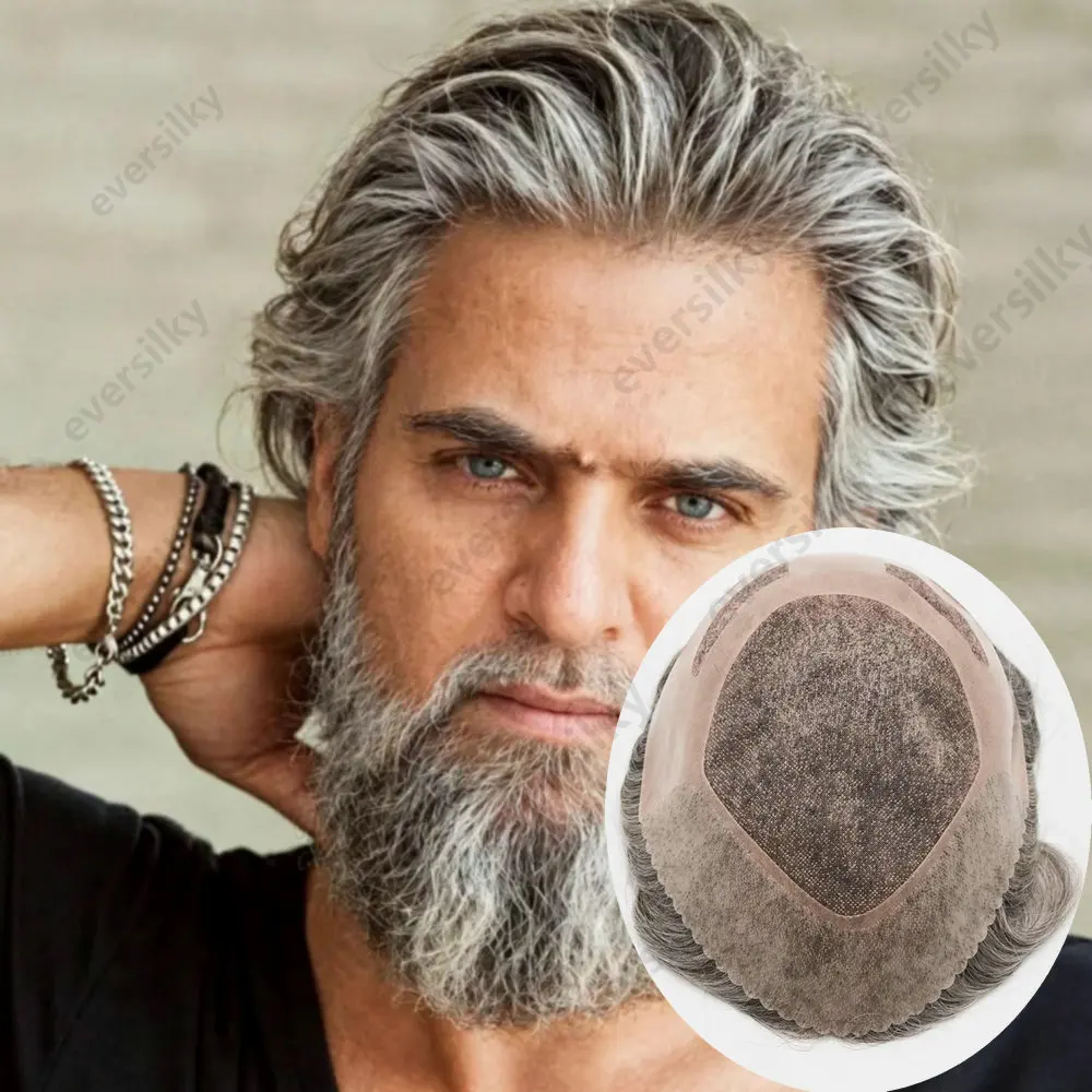 #1b80 #565 Grey Brown Human Hair Mens Toupee Fine Mono&Thin Skin Base Hair Replacement System Prosthesis Durable Man Hairpiece