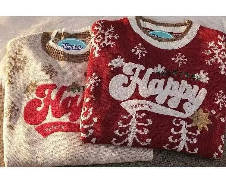 2000s Fashion Sweater Christmas And Winter Embroidery Color Matching Retro Loose Casual Harajuku Couples For Men And Women