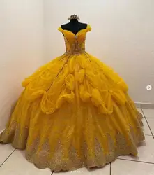 Luxury Gold Puffy Princess Quinceanera Dresses 2023 Gillter Applique Beaded Lace-up Corset Off Shoulder Cosplay Prom Gown