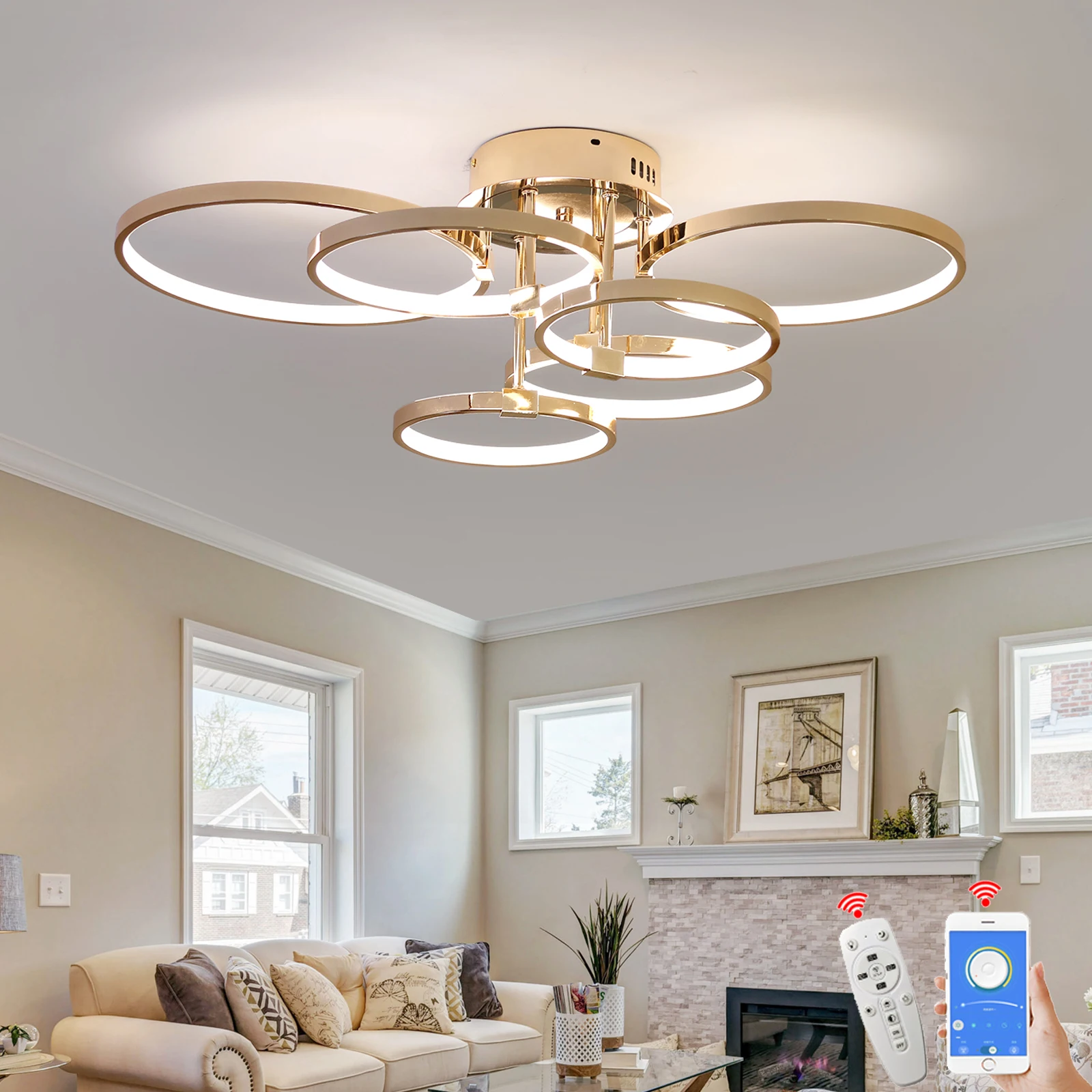 

Dimmable LED Ceiling Light 4/6 Rings Modern Flush Mount, Gold Chrome Black Lighting Fixture for Bedroom Kitchen Living Room,