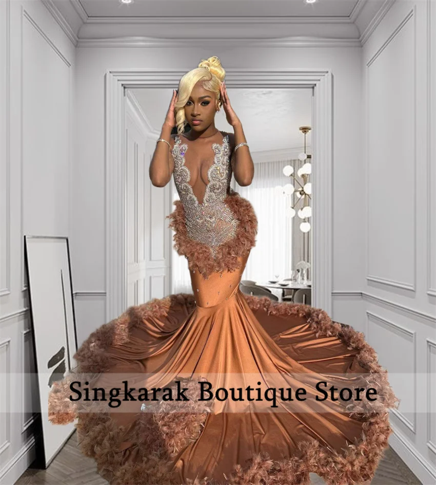 

Brown Feathers Train Prom Dresses Rhinestones Mermaid Elegant Wedding Party Dress Beaded Formal Evening Gowns Customized