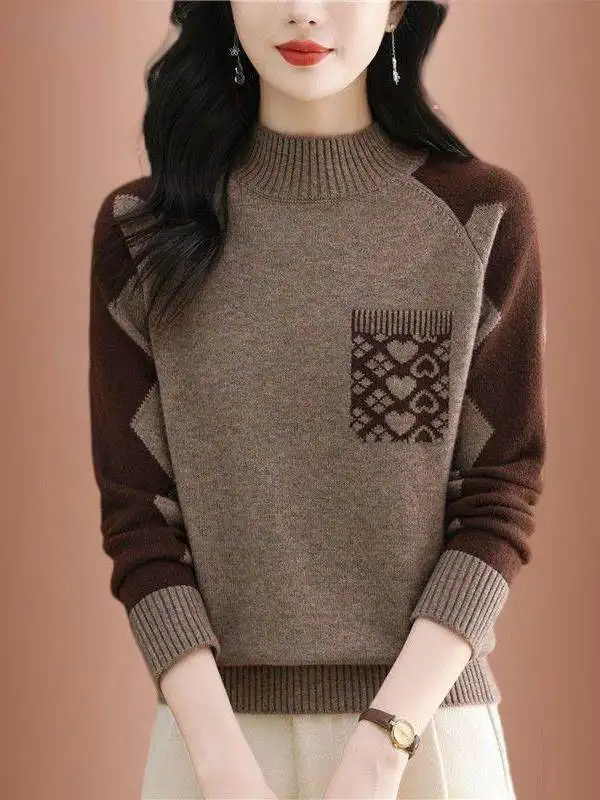New Autumn Winter Thickened Soft Women's Sweater Half High Collar Color Block Casual Loose Fit Long Sleeve Inner Wear Base Shirt
