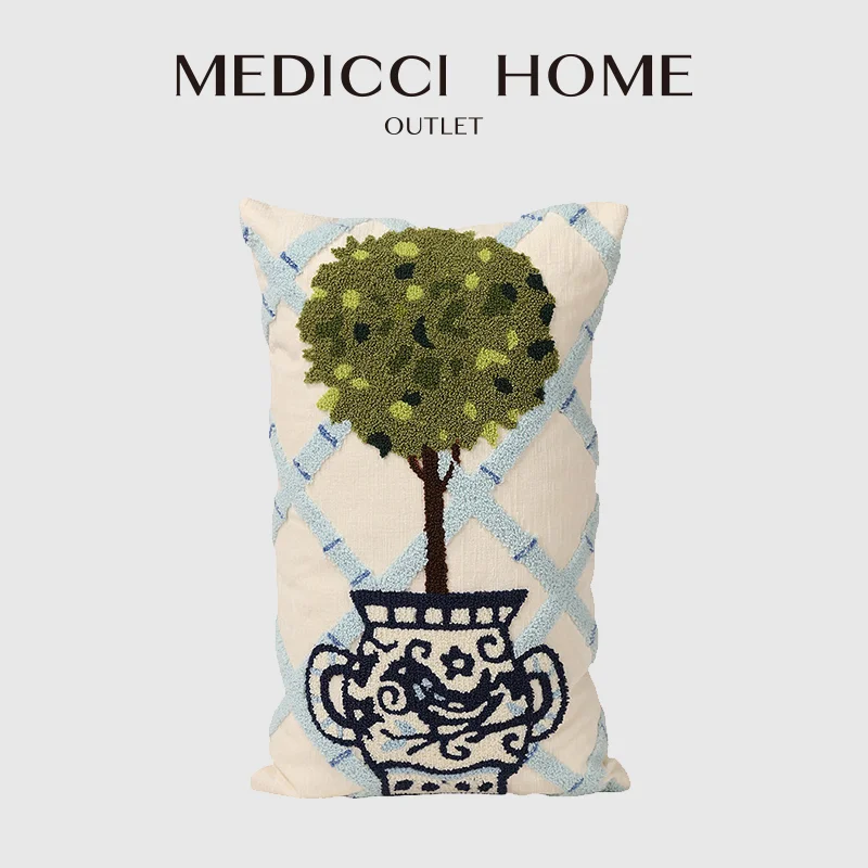 Medicci Home Chinoiserie Topiary Tufted Pillow Cover Blue And White Ginger Jar Cushion Case Sofa Pillowcase Coastal Cottage Deco