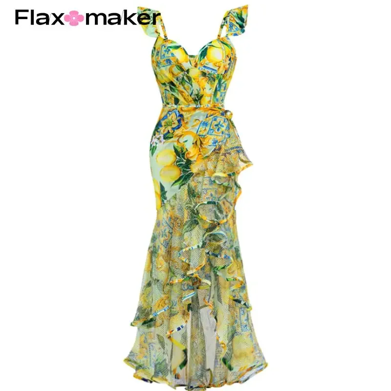 FLAXMAKER Lemon Print V Neck Push Up  One Piece Swimsuit and Skirt Summer Swimwear  Women  Beachwear Bathing Suit