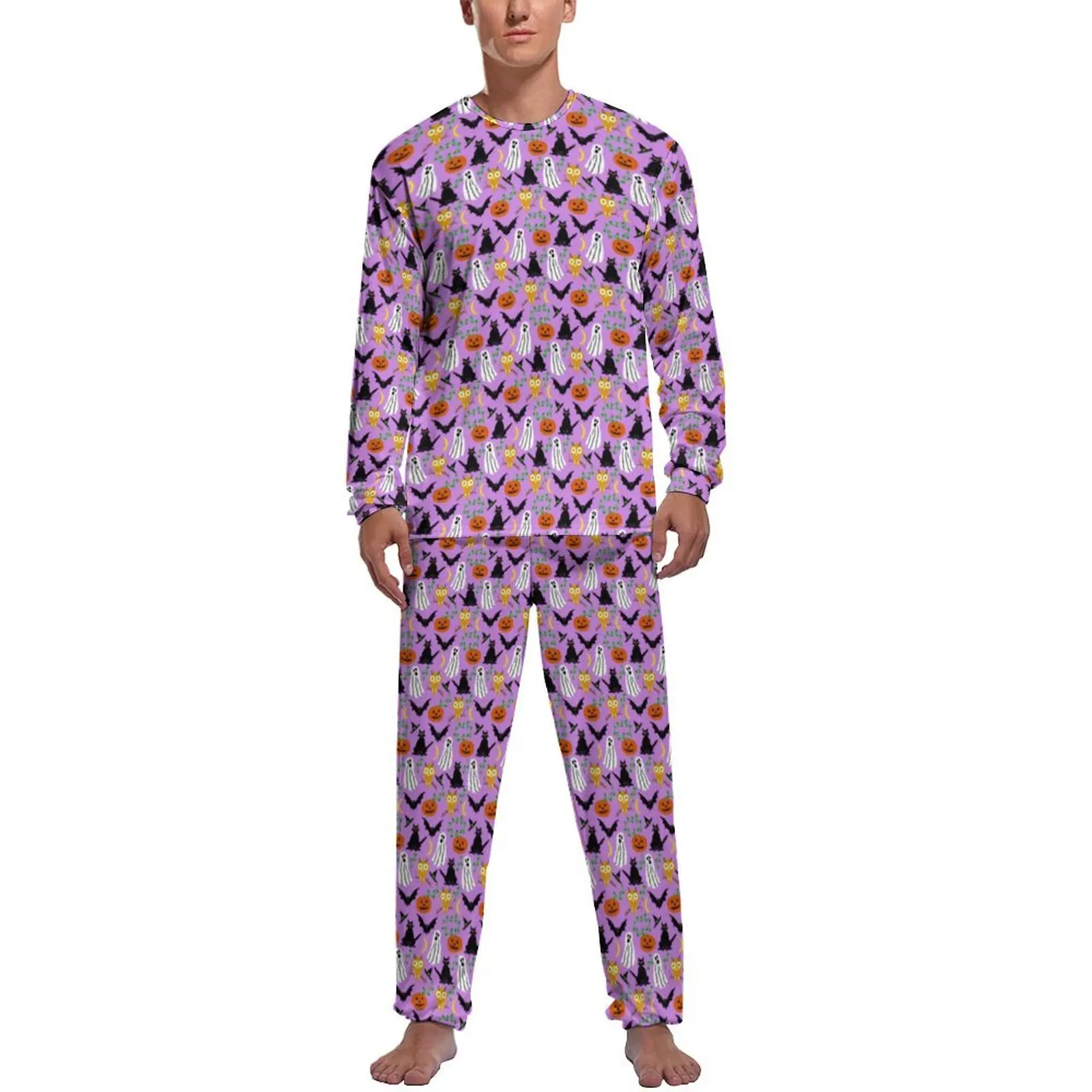 Black Cats Print Pajamas Men Ghosts Bats Pumpkins Fashion Nightwear Daily Long Sleeve 2 Pieces Casual Graphic Pajamas Set