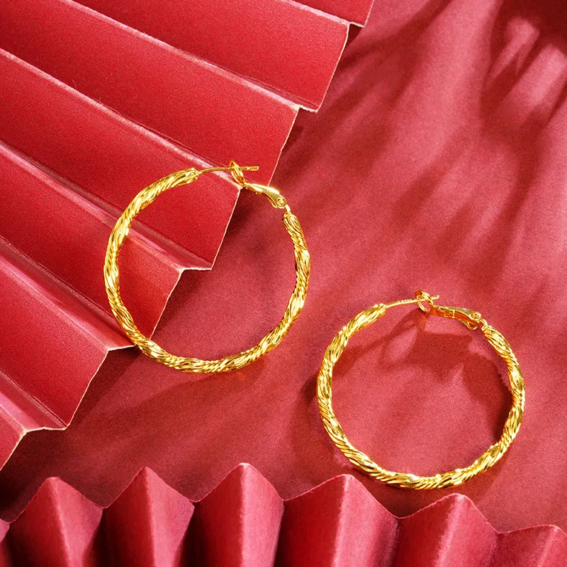 Unique surface craft enhances golden luster, women's Wrinkle Circle Earrings adopting premium 24K Gold AU999 material