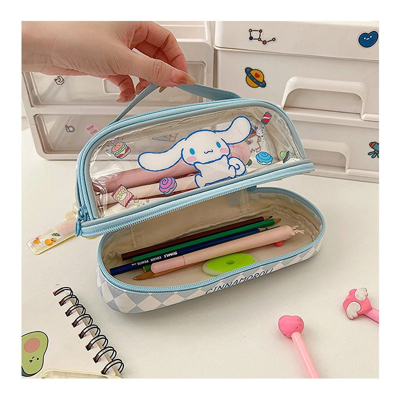 Kawaii Cartoon Hellokitty Kuromi astuccio trasparente a doppio strato di grande capacità Cartoon Cinnamoroll cancelleria Pen Bag