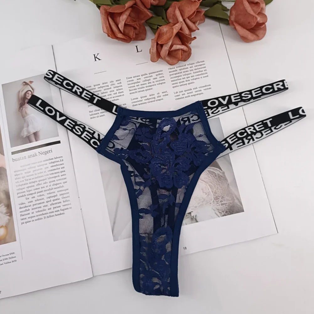 Tanga de encaje Sexy para mujer, bragas con cinturón fino con estampado de letras, lencería con espalda en T, ropa interior elástica de tiro bajo, pantalones eróticos