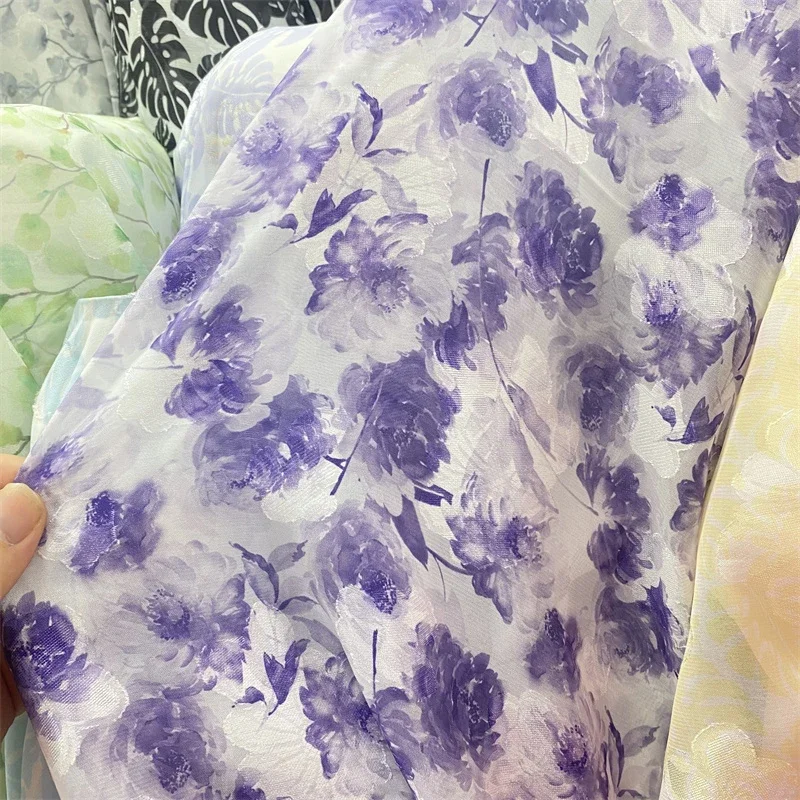 Chinese Floral Jacquard Chiffon Fabric Semi Transparent Flowy Soft Breathable High End Material for DIY Dresses Sunscreen Shirts