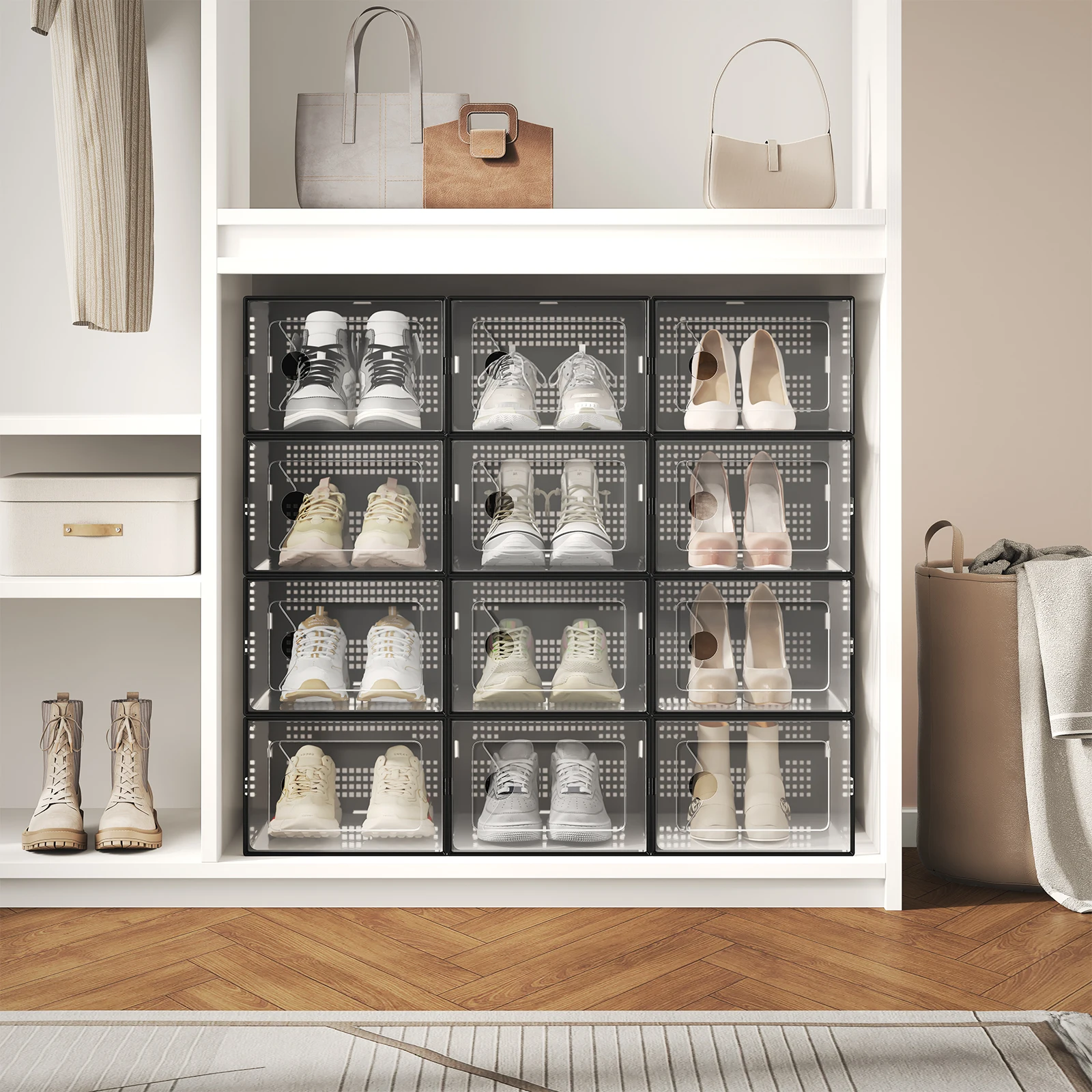 stackable shoe boxes organized in closet