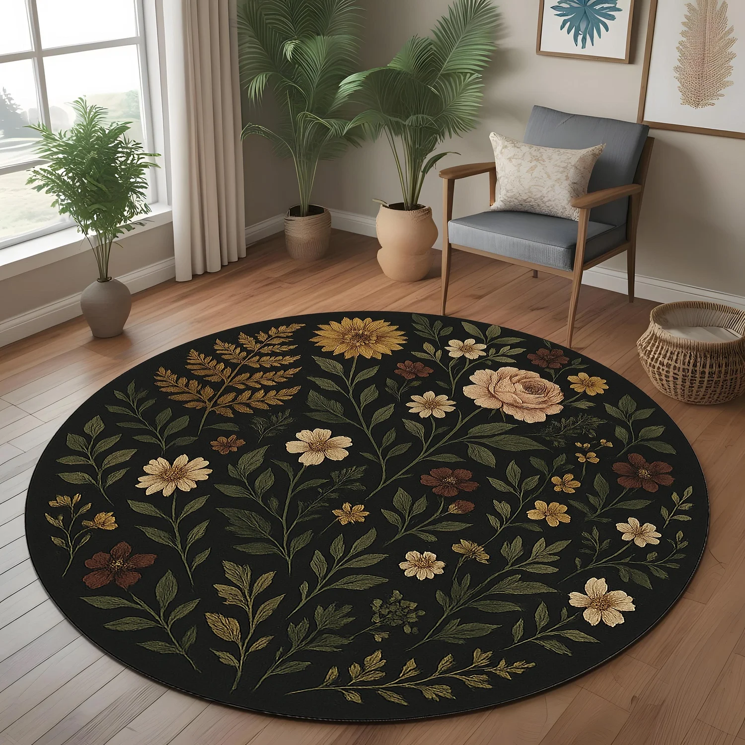 Plant-Themed Round Rug, Dark Floral Pattern, Vintage Style Wildflowers, Suitable for Bohemian Living Room, Entryway, or Natural Style Decor