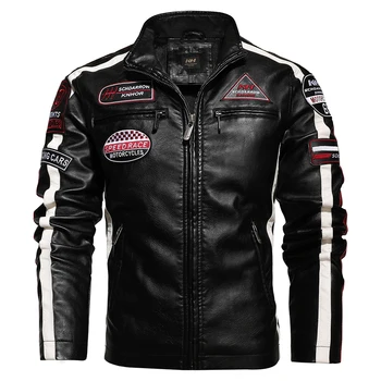 Mens Vintage Motorcycle Jacket 2024 Men Fashion New Biker Leather Jacket Male Embroidery Bomber Coat Winter Fleece Pu Overcoat 4