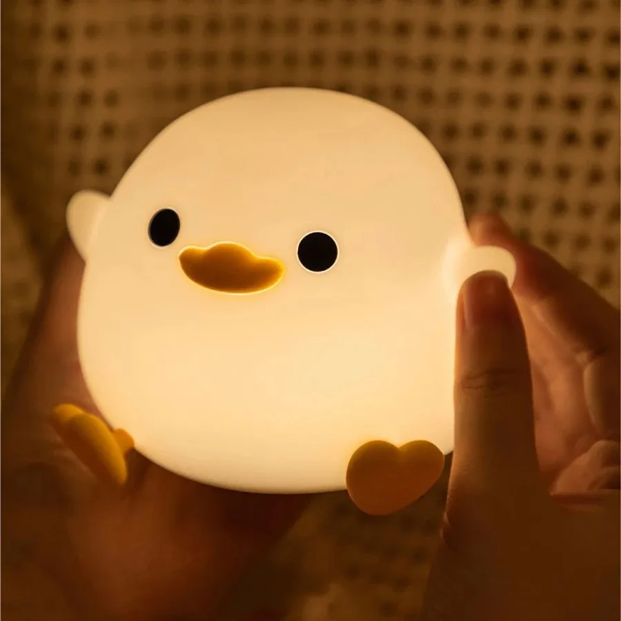 Linda luz nocturna de pato, lámpara LED de silicona con animales de dibujos animados para niños, Sensor táctil, temporizador y recargable por USB, decoración para habitación de niños