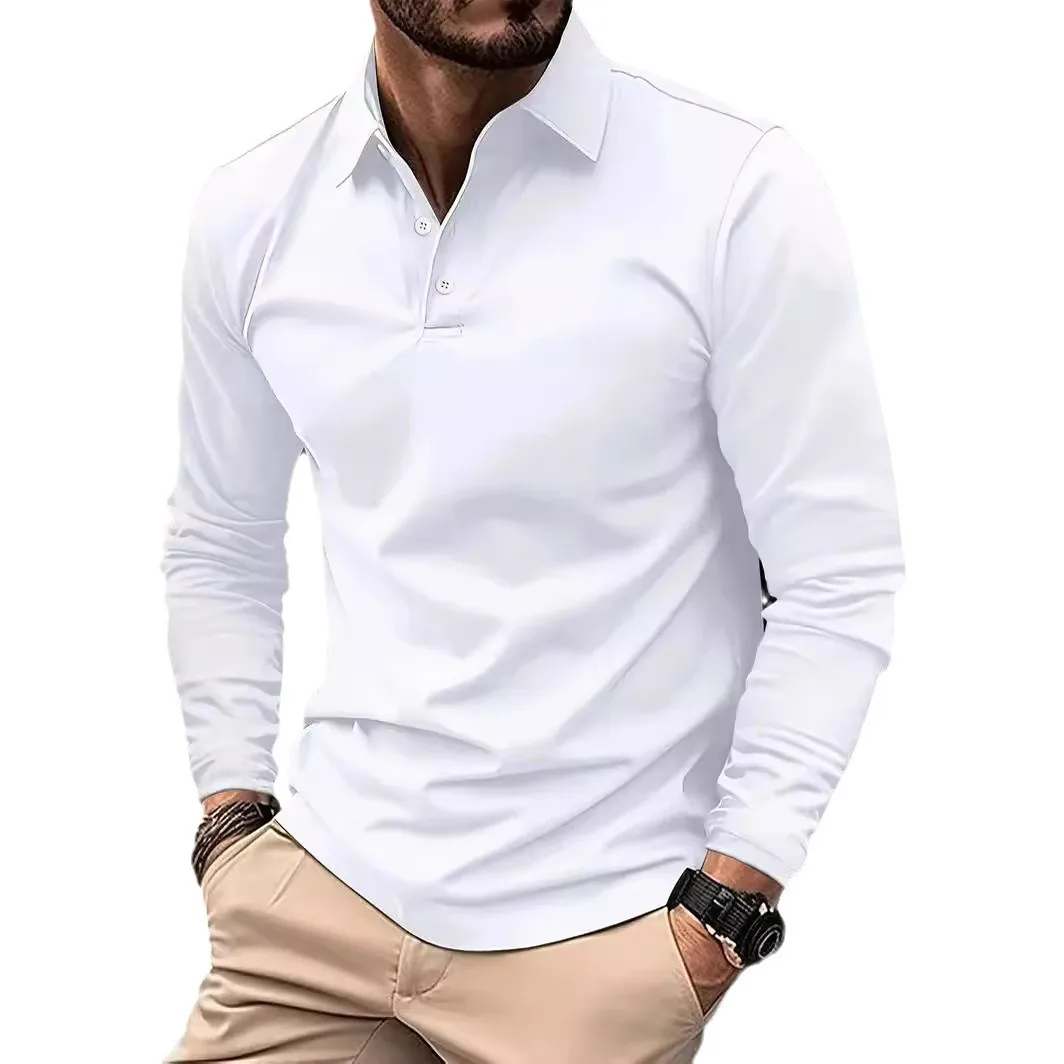 2024 Autumn Men\'s Polo Shirts Turn-Down Collar Solid Long Sleeve Smart Casual Polos Man Fashion Breathable Loose Tees Tops Men