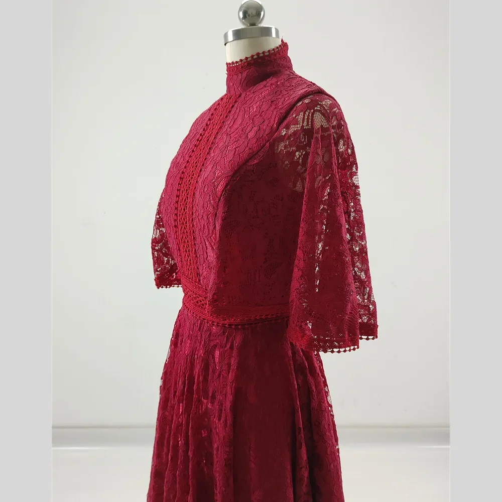 Robe de soirée en dentelle bordeaux classique pour femme, col haut, demi-manches, fermeture éclair, longueur de thé, robe trapèze, grande taille, personnalisée, robe de Rhformelle