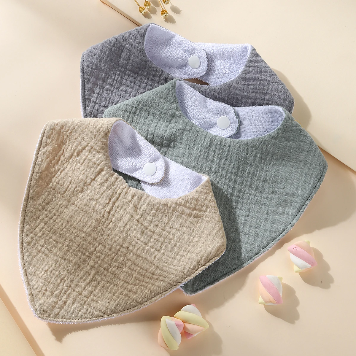 3Pcs Waterproof Feeding Drool Bibs Muslin Cotton Newborn Solid Color Snap Button Soft Triangle Towel Baby Bandana