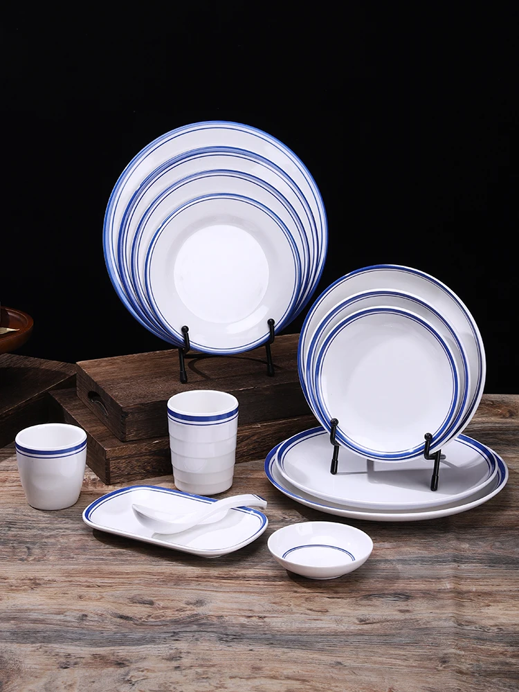 

Ретро-тарелка круглая сине-белая эмалированная, имитация, для самообслуживания, для хот-пота, столовые приборы для ресторанов и еды на вынос