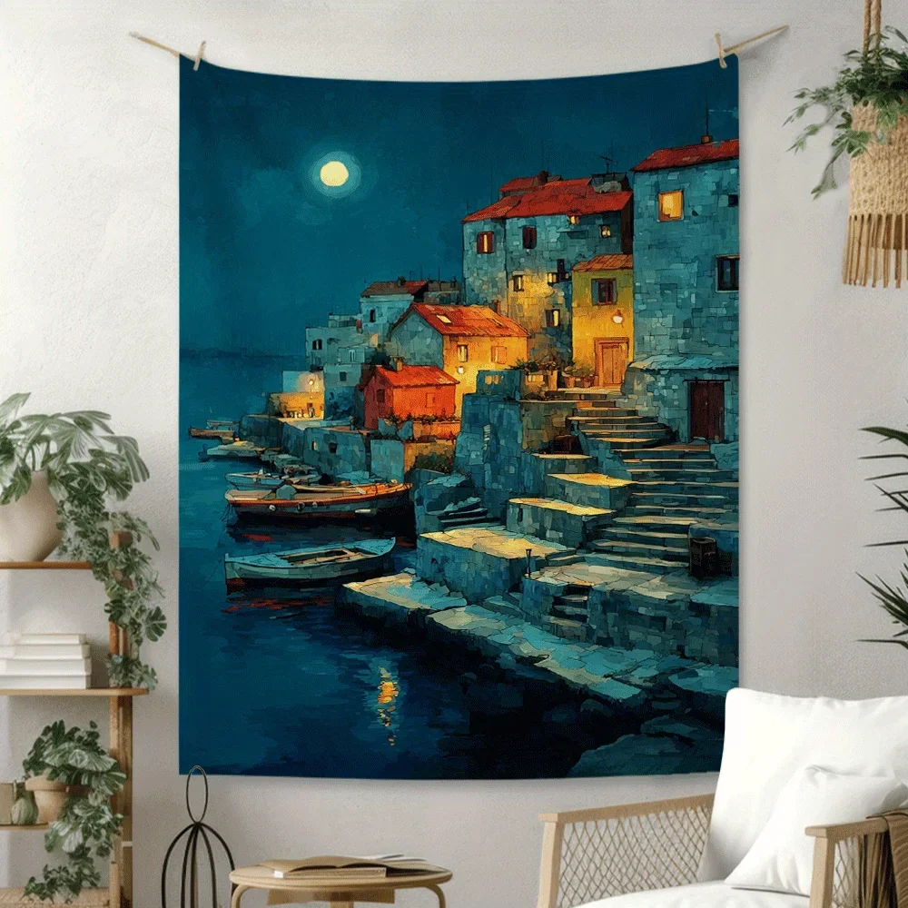 Coastal Nighttime Port Digital printing polyester wall tapestry suitable for use in living rooms bedrooms offices bars and party