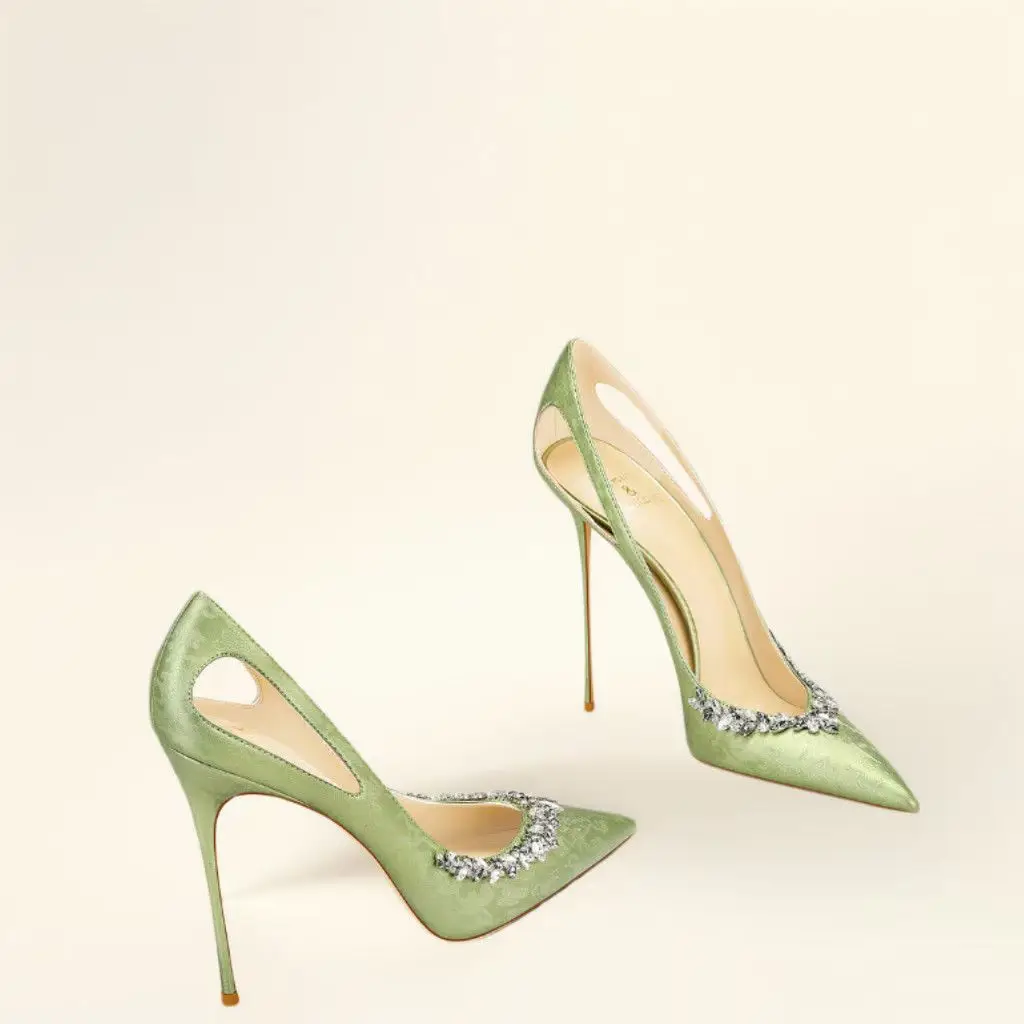

Water Diamonds Green Satin High-Heeled Shoes Women's Shoes New Fashion Design Openwork Pointed Toe Thin Heel Shoes For Women