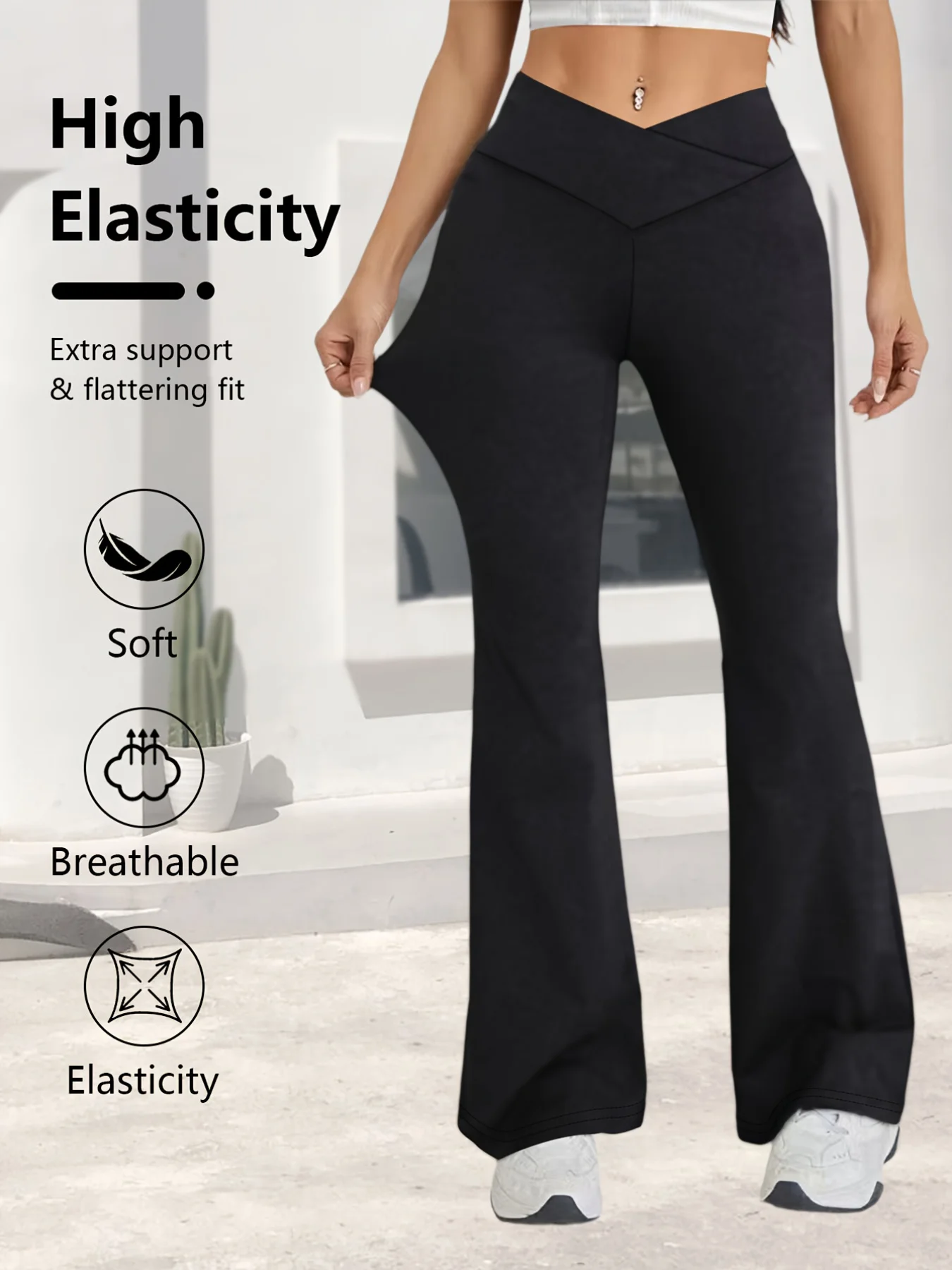 

A Spring Black Leggings With High Waist Elasticity, Slightly Flared Hems, Cross Waist Design, Suitable For Casual Sports