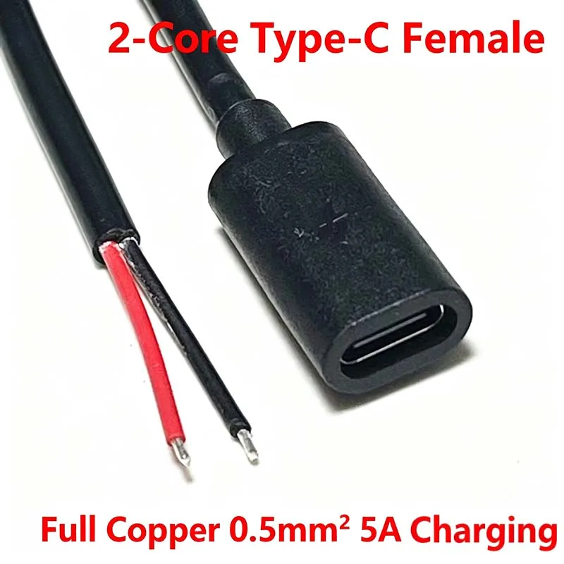 5PCS 2-Core Type-C Male Single End Power Supply Wire, USB-C 2-Wire 5A Fast Charging Pigtail Cable for Soldering Connection 1m