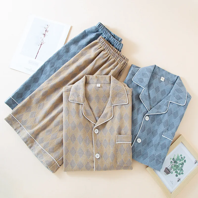 2026 New Summer Men's Pajama Set 100% Cotton Cardigan Short Sleeve Shorts Two Piece Set Loose Casual Wide Home Clothes