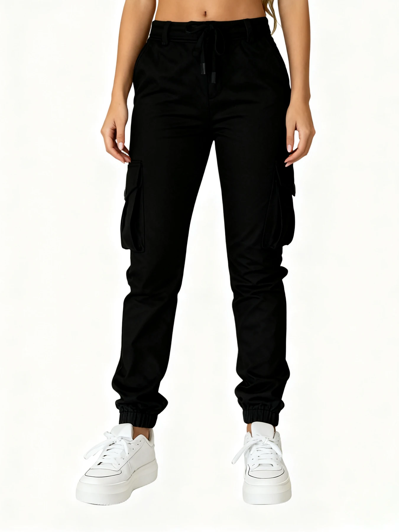 Drawstring work-style ankle-length pants with multiple pockets and high waist, suitable for trendy daily outings and versatile f