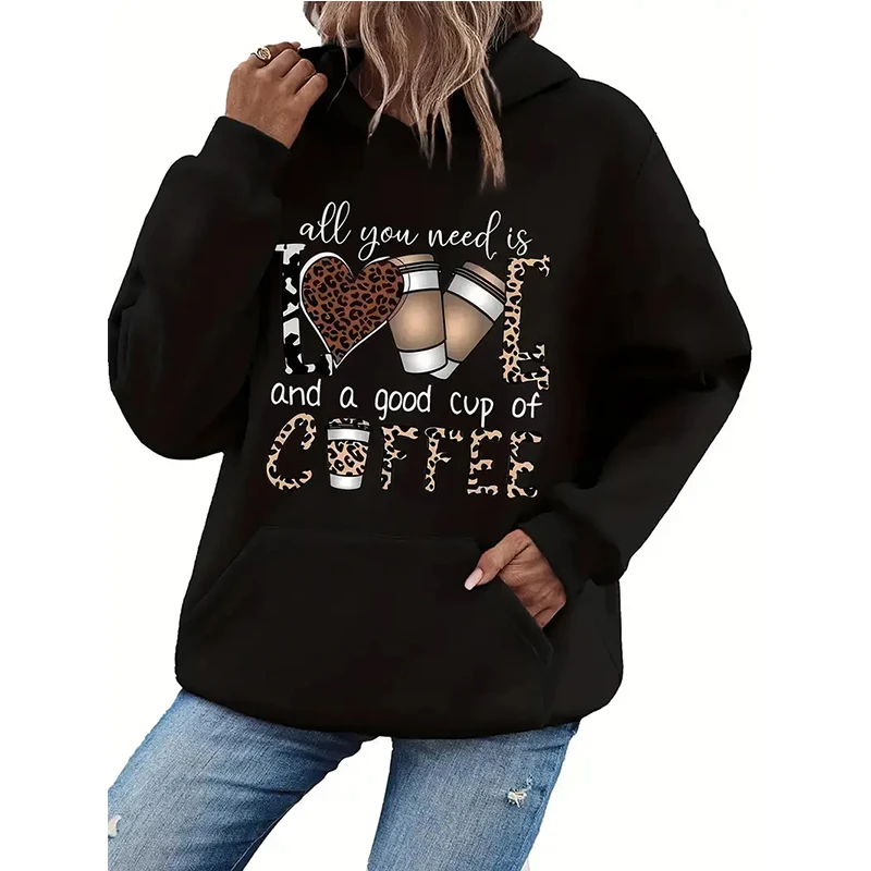 

Женские модные толстовки с леопардовым принтом «кофе и сердце», повседневные пуловеры унисекс, черная толстовка с карманом кенгуру и длинными рукавами