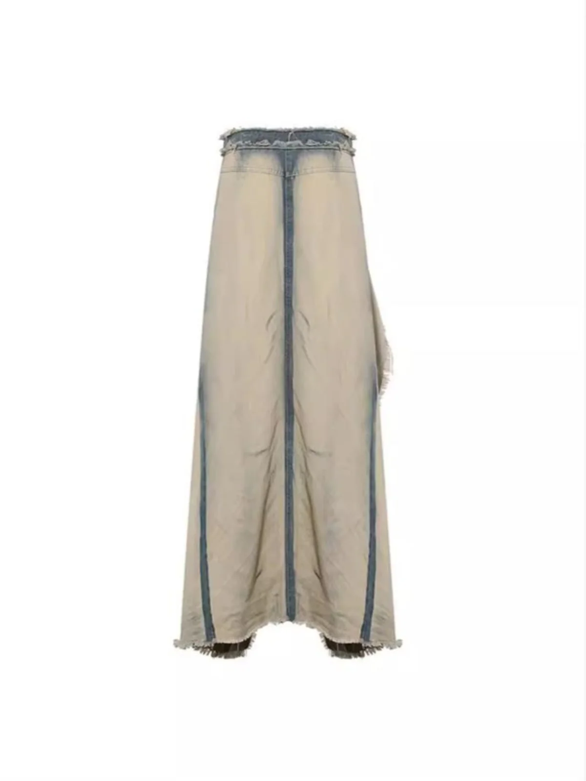 

Двухцветная джинсовая юбка с высокой талией, длинная юбка, имитация двухслойной юбки с разрезом и бахромой, юбка в корейском стиле для женщин