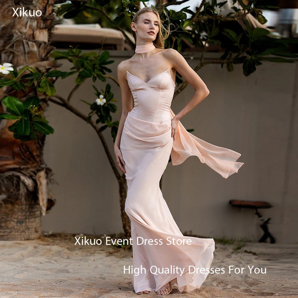Xikuo Mode Rosa Chiffon Abendkleider Sommer Schatz Plissee Vestidos De Fiesta Lange Meerjungfrau Prom Party Kleider Angepasst