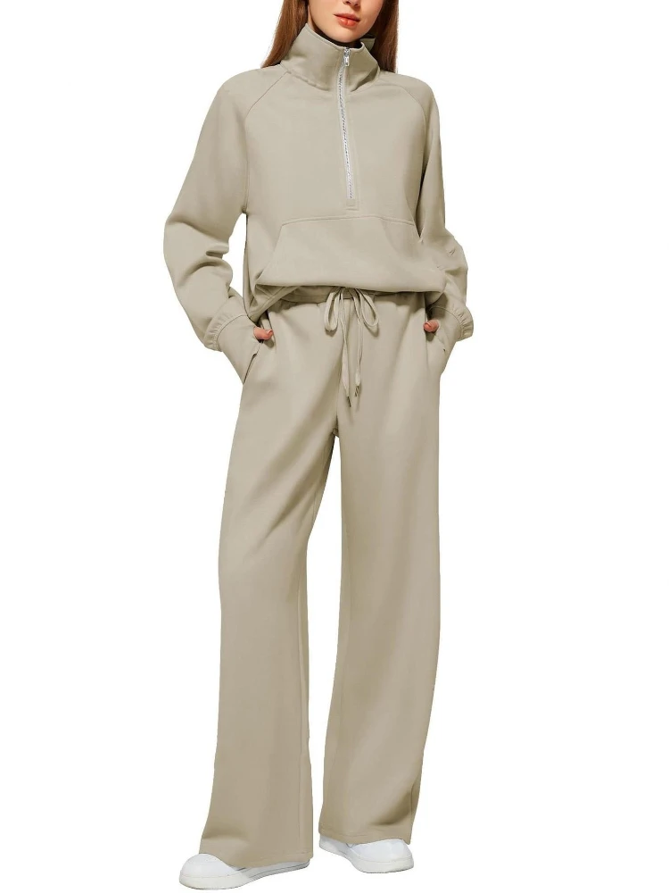 Women's Two Piece Set Autumn Winter Fashion New Half Zip Sweatshirt Wide Leg Sweatpants Casual Loose Suit for Women Streetwear
