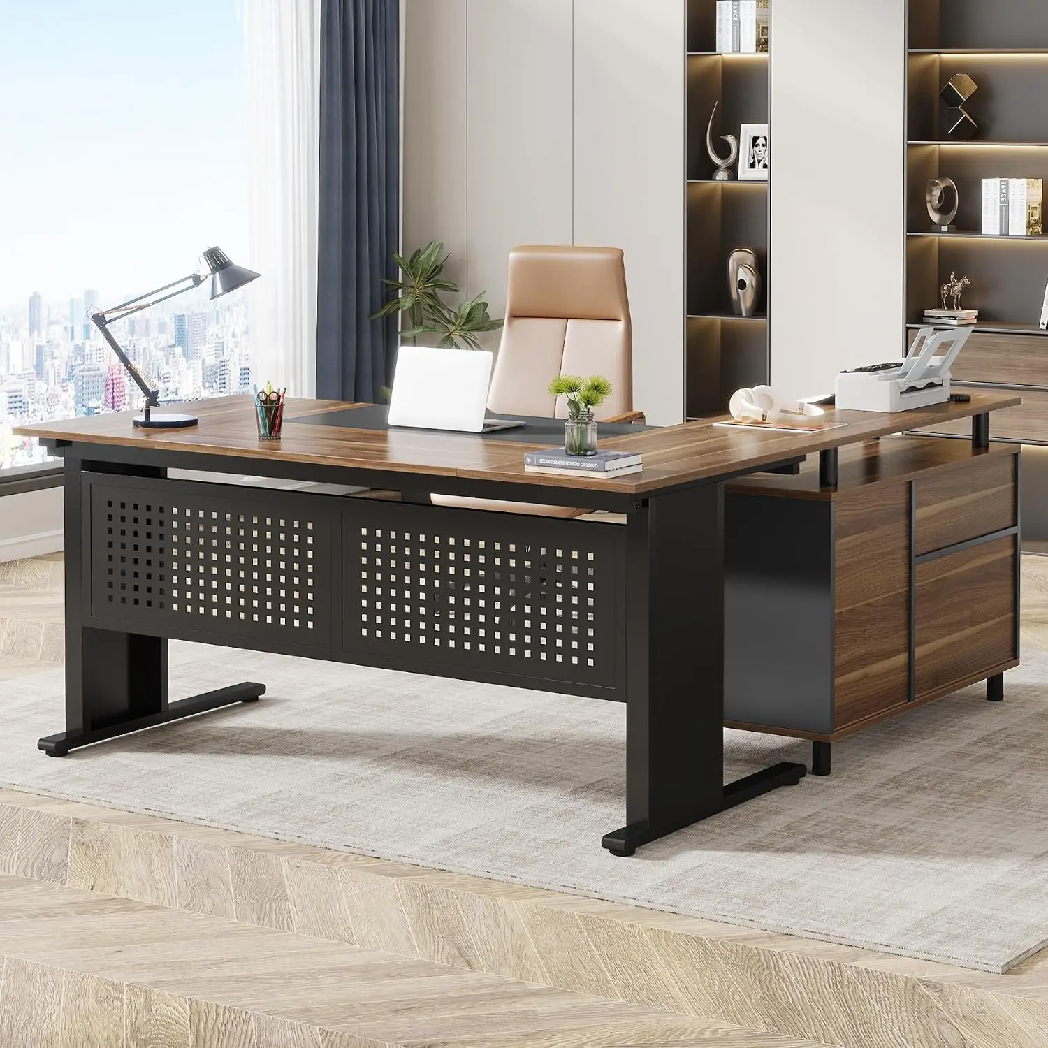 63 Inch L Shaped Executive Desk With Filing Cabinet Storage Shelves Computer Desk Desk With File Drawer Wood Desktop Metal Frame Workstation Furniture For Home Office Brown Black